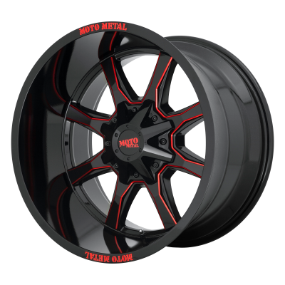 MOTO METAL - 20 x 9 MM MO970 GLOSS BLACK MILLED W/ RED TINT & MM ON LIP - 5X5.0/5.5