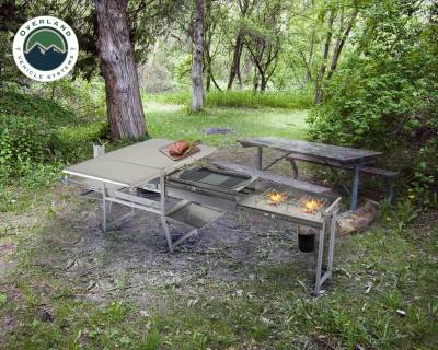 Overland Vehicle Systems - Komodo Camp Kitchen -  Dual Grill, Skillet, Folding Shelves, and Rocket Tower - Stainless Steel